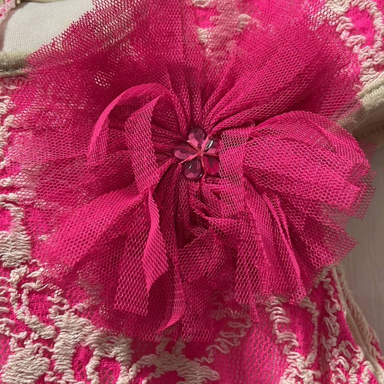 Pippa & Julie 6 Hot Bright Pink Nude Lace Short Sleeve A Line Dress W/Flower Euc — image 3 of 8